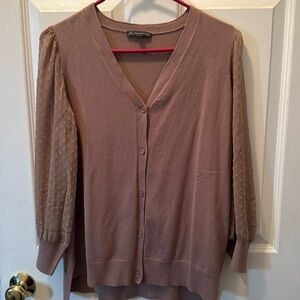 Adrianna Papell V-neck Swiss Dot Sleeved Cardigan, Cocoa, Size Medium